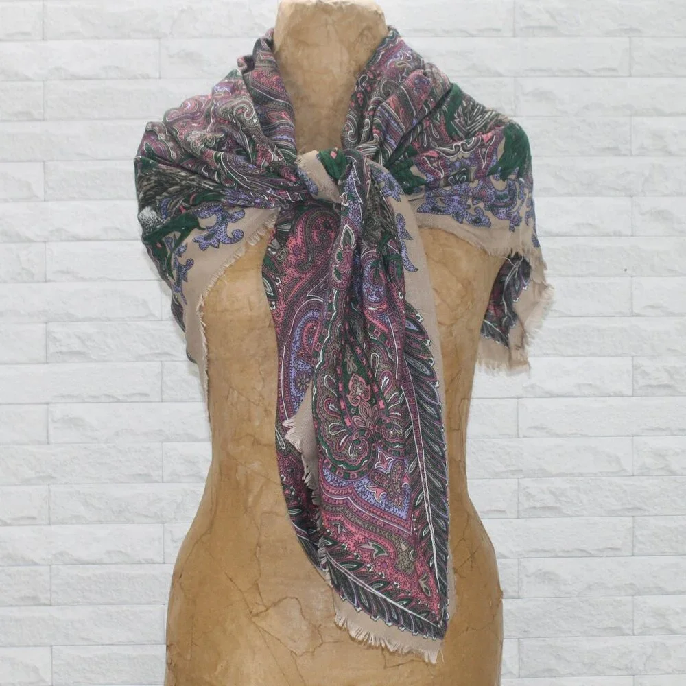 SCARF Oversized Paisley Ducks Square Fall Pink Purple Green Tan Lightweight 45